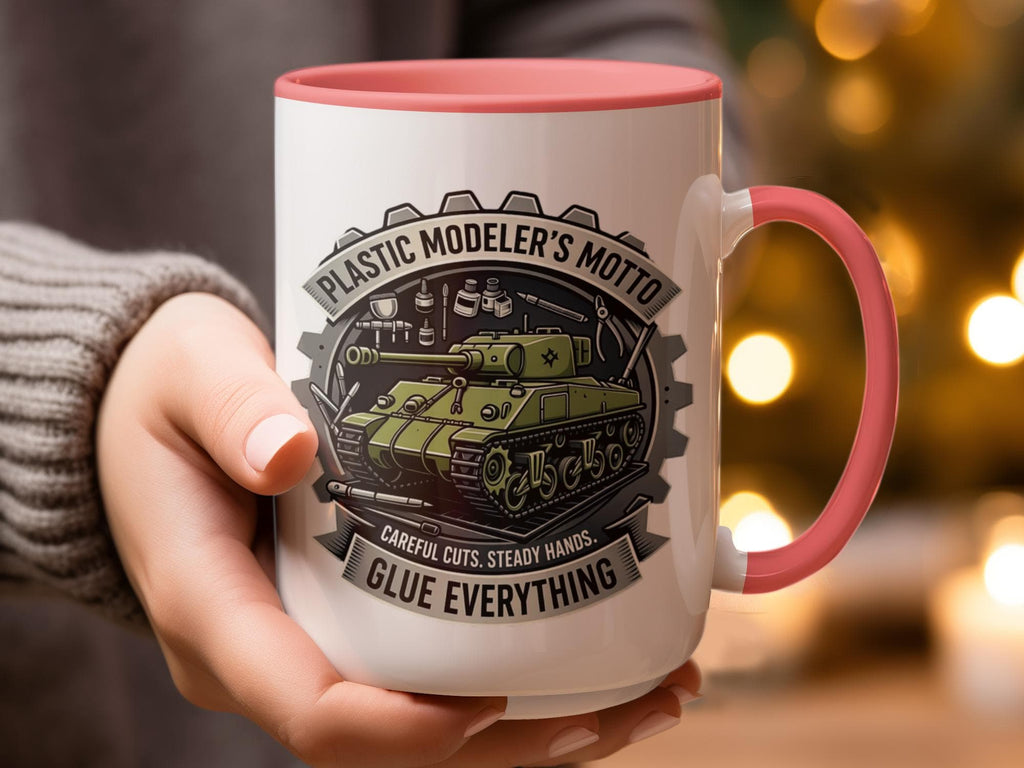 Plastic Modeler's Mug, Hilarious Tank Design Coffee Cup, Perfect Gift for Hobbyists, Fun Model Building Mug, Glue Everything Saying