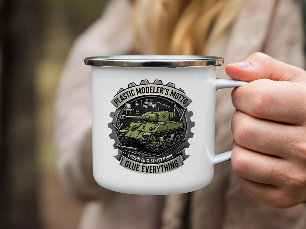 Plastic Modelers Motto Camping Mug, Glue Everything Enamel Cup, Gift for Hobbyists, Collectible Tank Design, Perfect for Model Builders