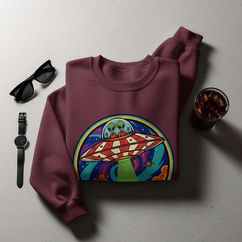 Alien Spaceship Sweatshirt, Cool Graphic Crewneck, Outer Space Pullover, Comfortable Alien Print Sweater, Trendy UFO Design Shirt