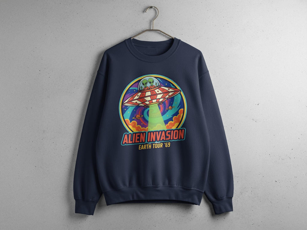 Alien Invasion Earth Tour 69 hoodie, Retro UFO graphic pullover, Fun space adventure sweatshirt, Vintage alien spaceship design