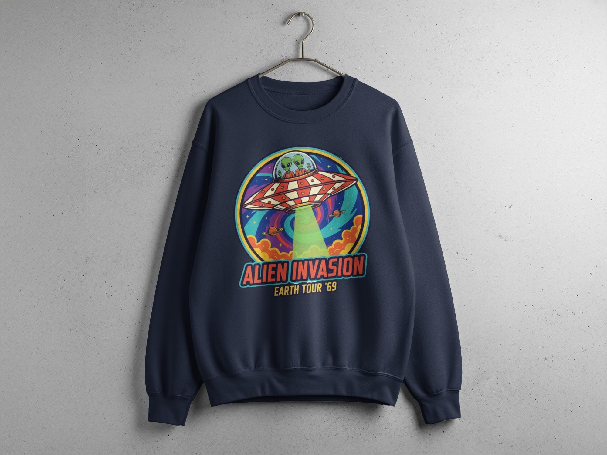Alien Invasion Earth Tour 69 hoodie, Retro UFO graphic pullover, Fun space adventure sweatshirt, Vintage alien spaceship design