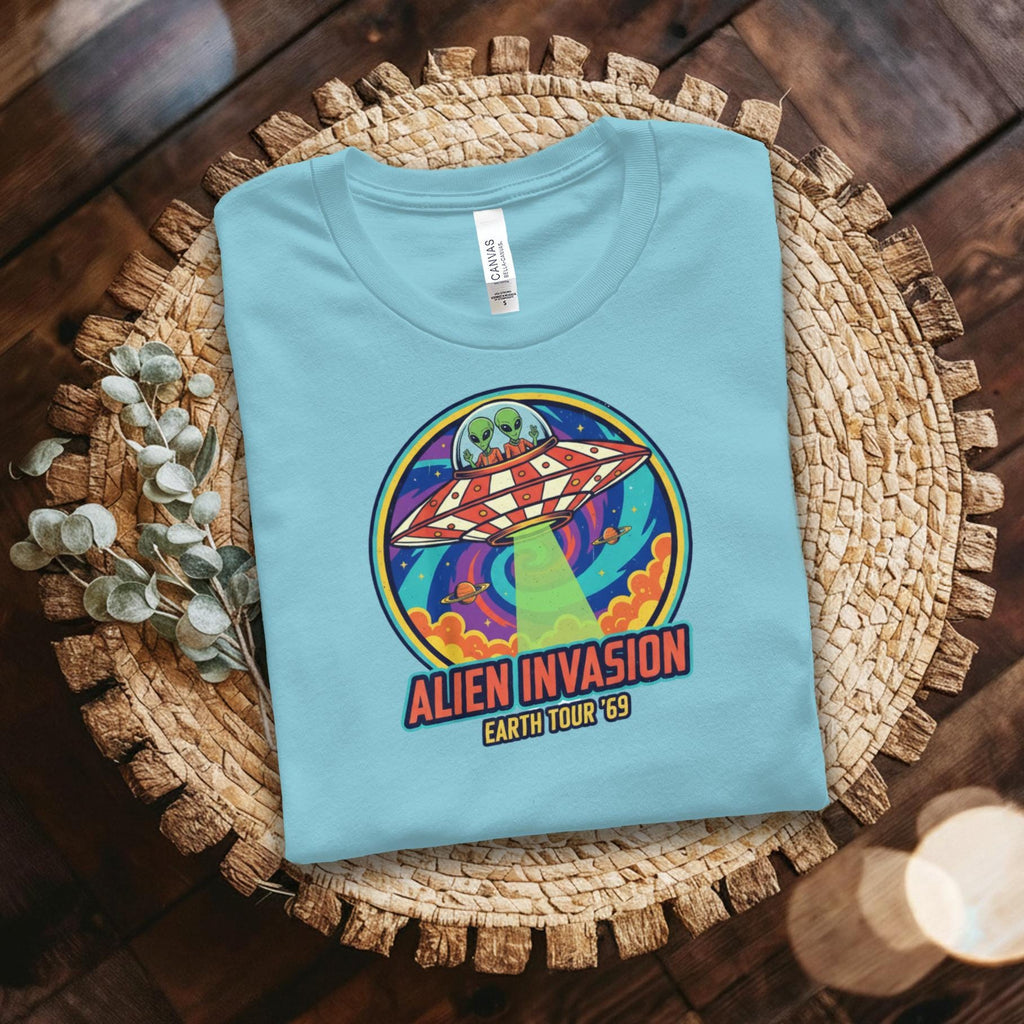 Alien Invasion Earth Tour 69 Graphic Tee, Retro UFO Spaceship T-Shirt, Funny Alien Shirt, Vintage Sci-Fi Top