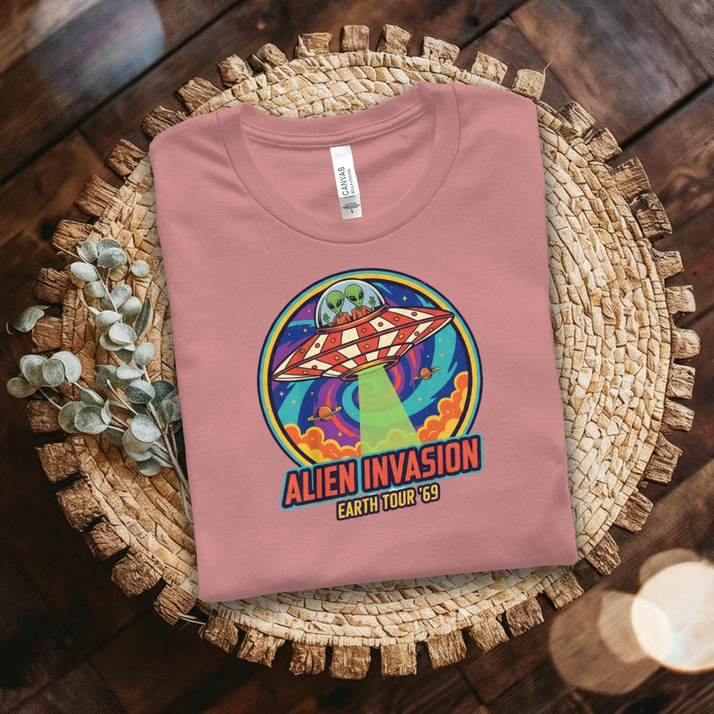 Alien Invasion Earth Tour 69 Shirt, UFO Graphic Tee, Fun Alien Gift, Retro Space Adventure, Vintage Sci-Fi T-Shirt