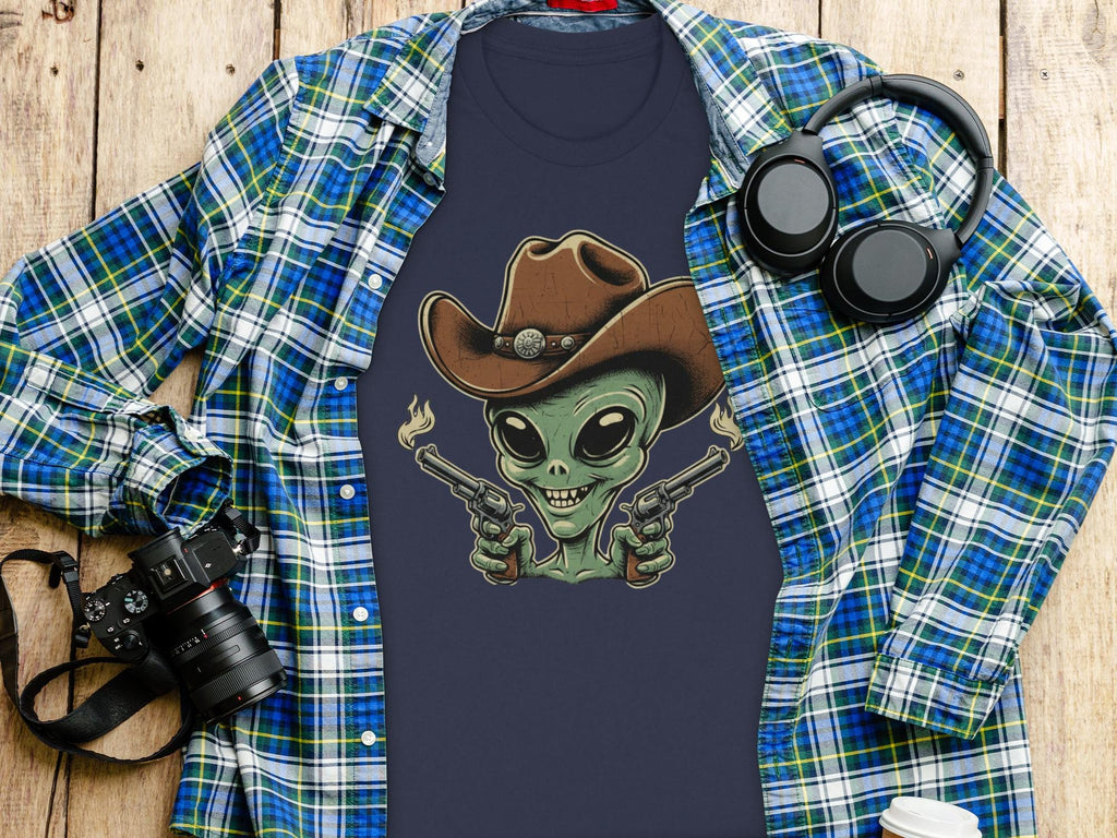 Alien Cowboy T-Shirt, Funny Alien Graphic Tee, Western Theme Shirt, Cowboy Alien Novelty Top, Bizarre Alien Design