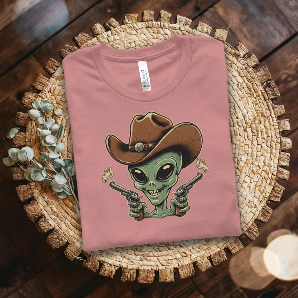 Alien Cowboy T-shirt, Western Themed Graphic Tee, Unique Alien Design Shirt, Cool Cowboy Alien Top, Fun Alien with Guns Shirt