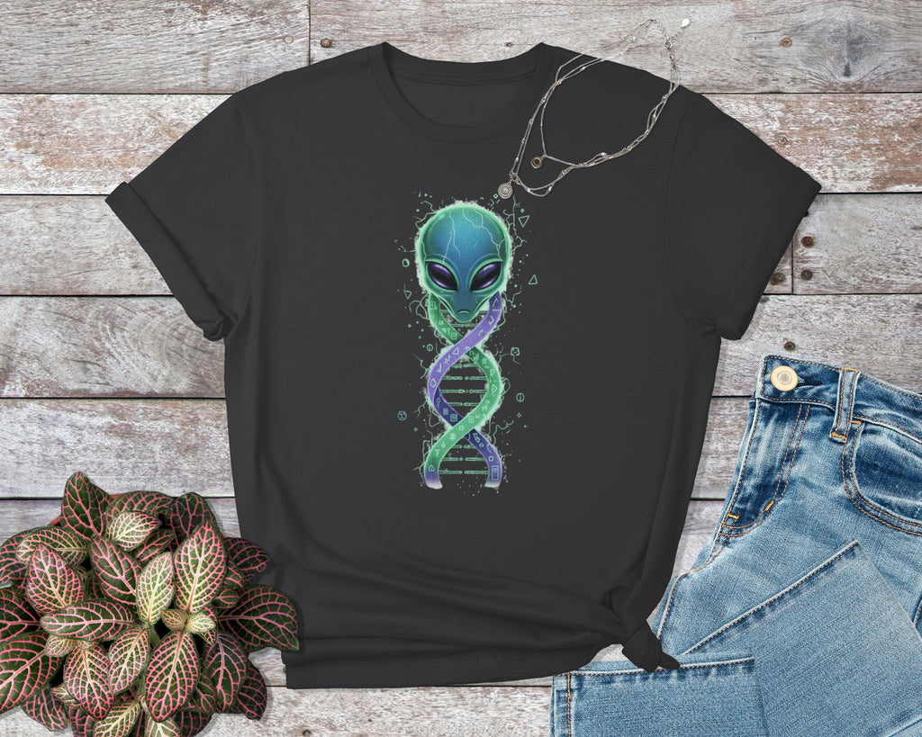 Alien DNA Graphic T-Shirt, Sci-Fi Alien Tee, Space Themed Shirt, Unique Alien Apparel, Cool Alien Top, Fun Science Fiction Clothing
