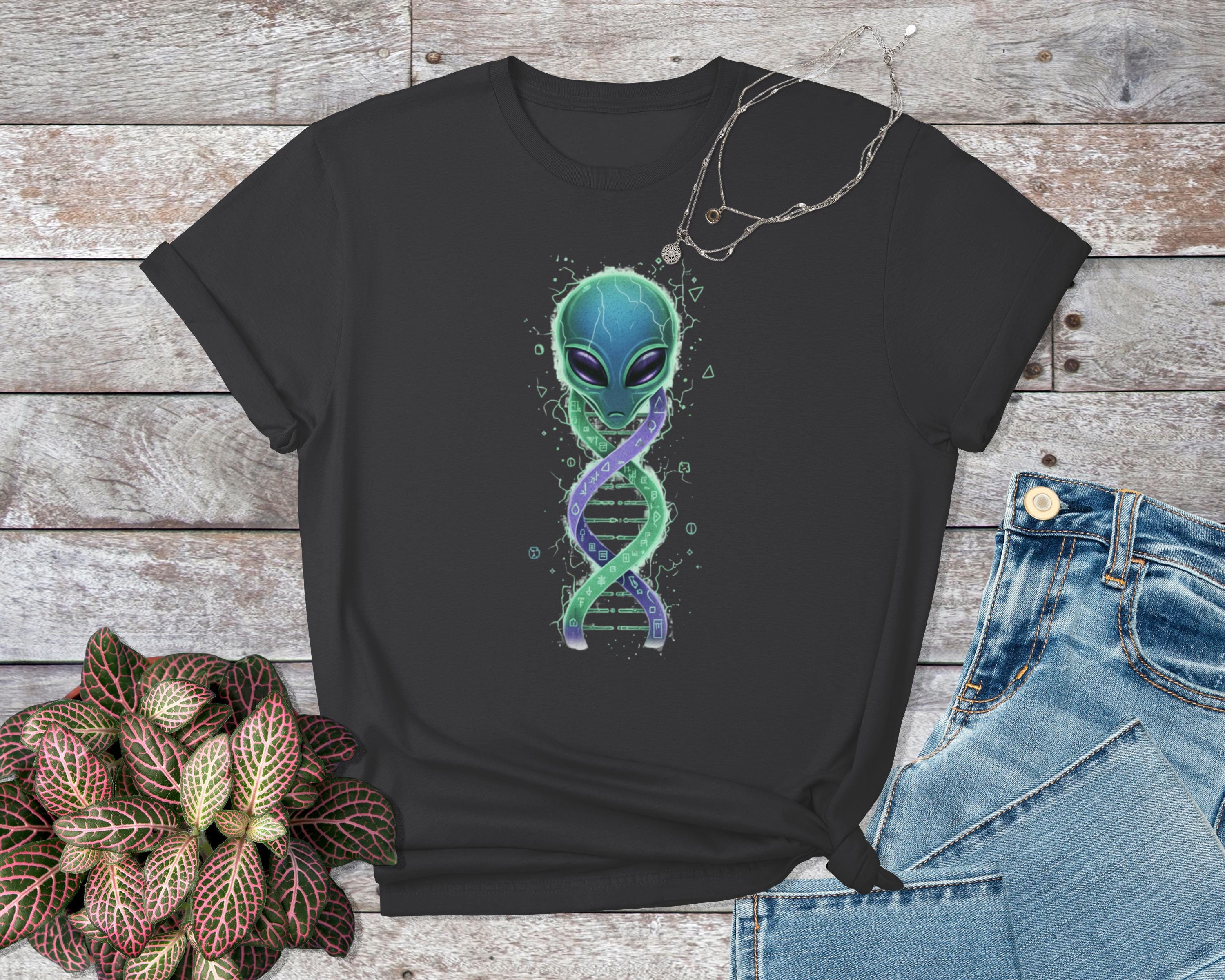 Alien DNA Graphic T-Shirt, Sci-Fi Alien Tee, Space Themed Shirt, Unique Alien Apparel, Cool Alien Top, Fun Science Fiction Clothing