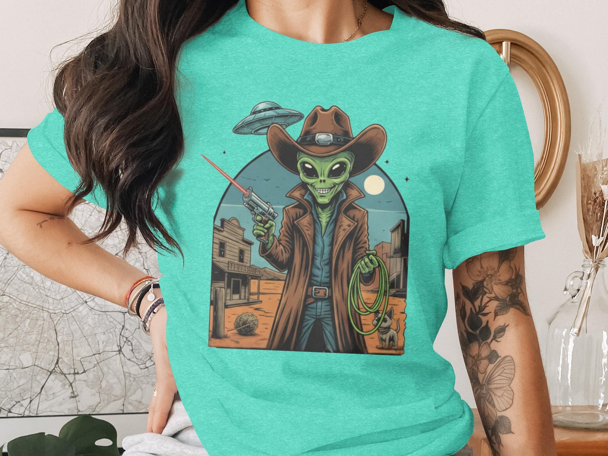Alien Cowboy T-Shirt, Graphic Tees for UFO Lovers, Funny Western Alien Shirt, Unique Space Cowboy Top, Cool Alien Apparel