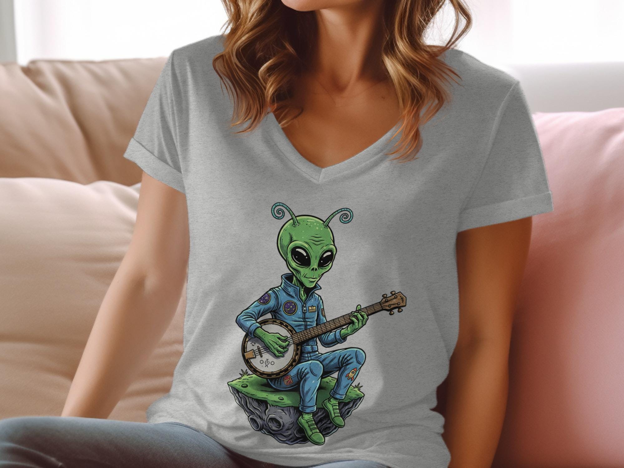 Alien Playing Banjo Graphic Tee, Funny Sci Fi Music Lover Shirt, Unique Alien Musician T Shirt, Cool Space Alien Gift Idea