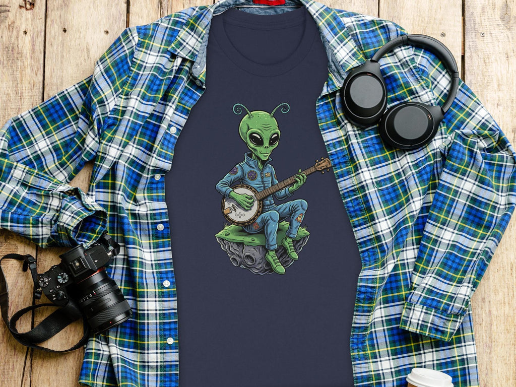 Alien Playing Banjo Shirt, Funny Alien Graphic Tee, Cool Music Lover Gift, Unique UFO T-Shirt, Casual Space Band Shirt