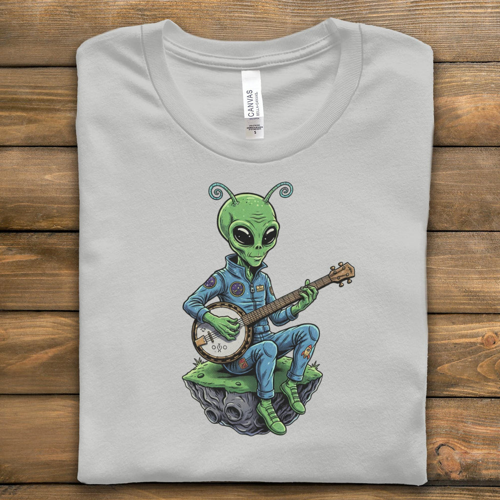 Alien Playing Banjo T-Shirt, Cute Alien Graphic Tee, Music Lover Gift, Fun Space Theme Shirt, Cool Alien Merchandise, Quirky Fashion