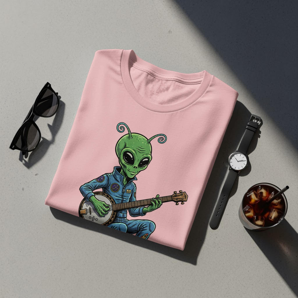 Alien Playing Banjo T-Shirt, Cute Alien Graphic Tee, Fun and Unique Alien Banjo Shirt, Quirky Music Lover Shirt Gift