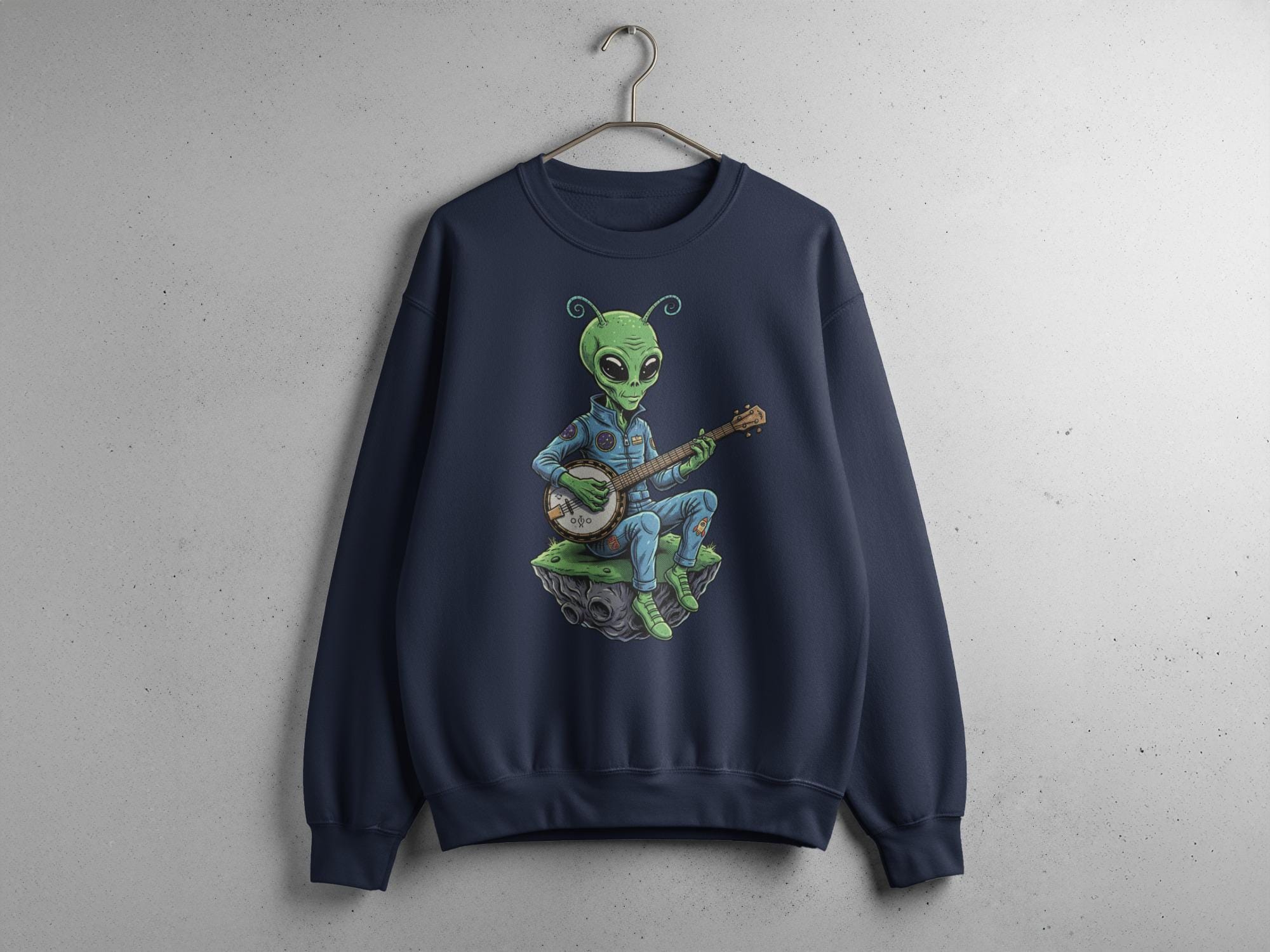 Alien Playing Banjo Sweatshirt, Funny Alien Sweater, Music Lover Shirt, Outer Space Themed Sweater, Retro Alien Art, Unisex Casual Pullover