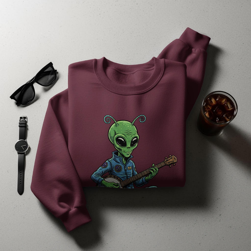 Alien Playing Guitar Sweatshirt, Unisex Graphic Pullover, Funny Alien Design Sweater, Unique Casual Fashion, Gift for Music Lovers