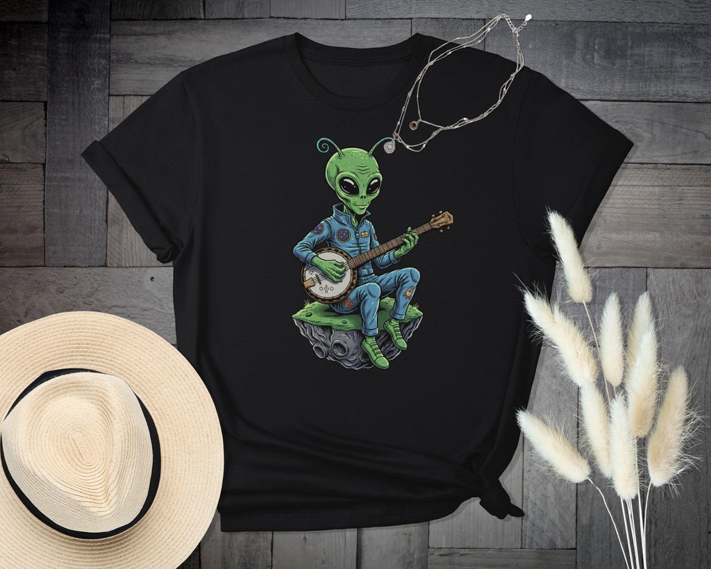 Alien Playing Banjo T-Shirt, Space Music Graphic Tee, Fun Alien Shirt, Music Lover Gift, Quirky Alien Apparel, Unique Graphic Tee