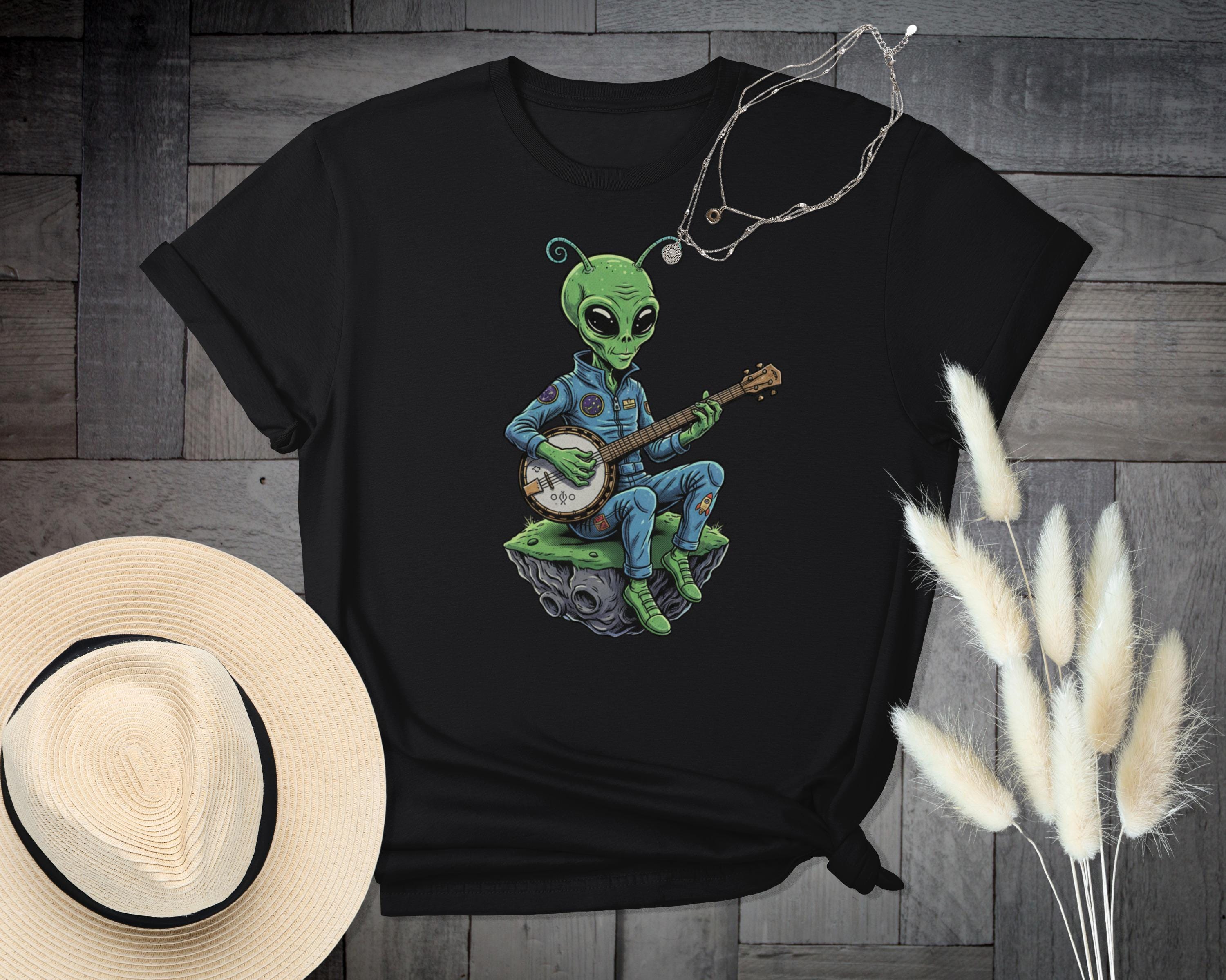Alien Playing Banjo T-Shirt, Space Music Graphic Tee, Fun Alien Shirt, Music Lover Gift, Quirky Alien Apparel, Unique Graphic Tee