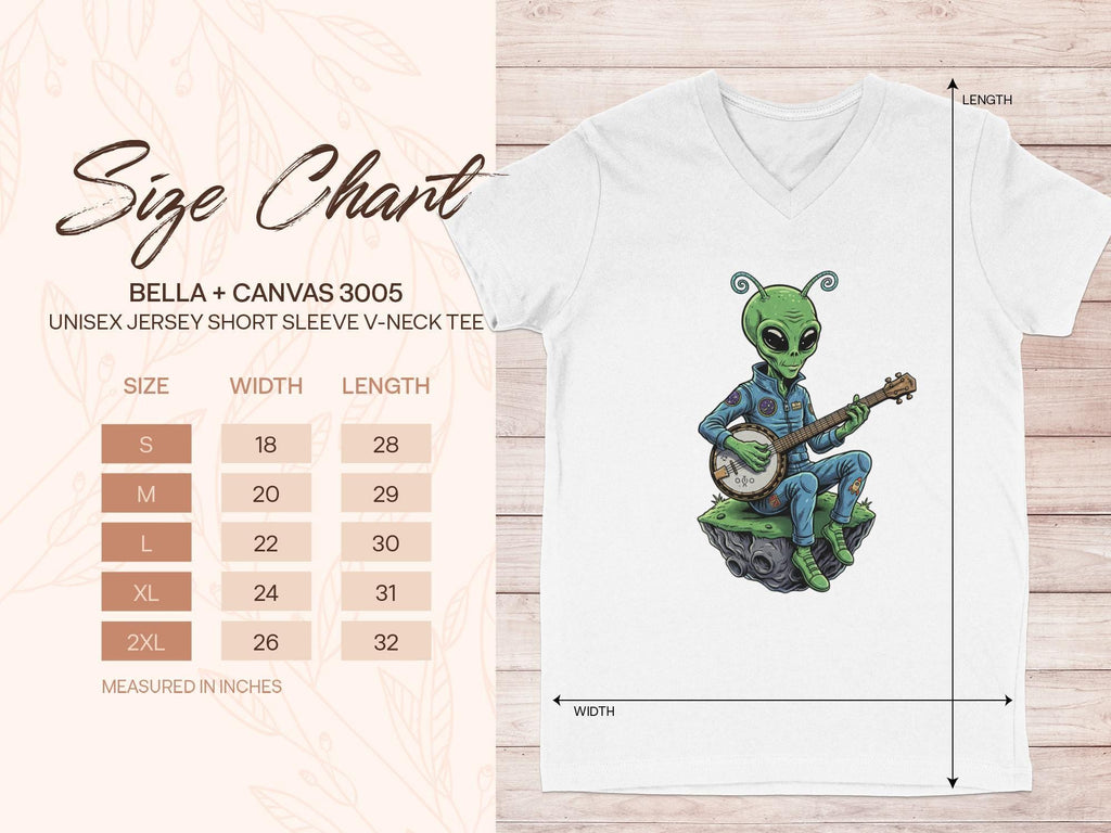 Alien playing banjo t-shirt, unisex jersey short sleeve V-neck tee, unique graphic T-shirt, funny alien shirt, cool gift for music lovers