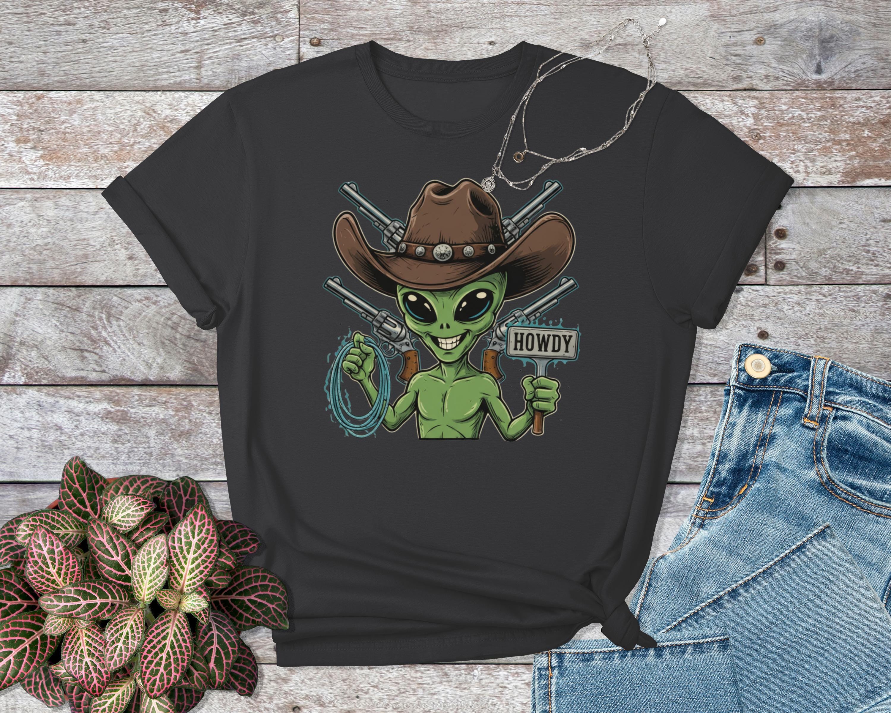 Alien Cowboy Graphic T-shirt, Howdy Space Western Tee, Unisex Casual Shirt, Funny Alien Outfit, Gift for UFO Enthusiasts