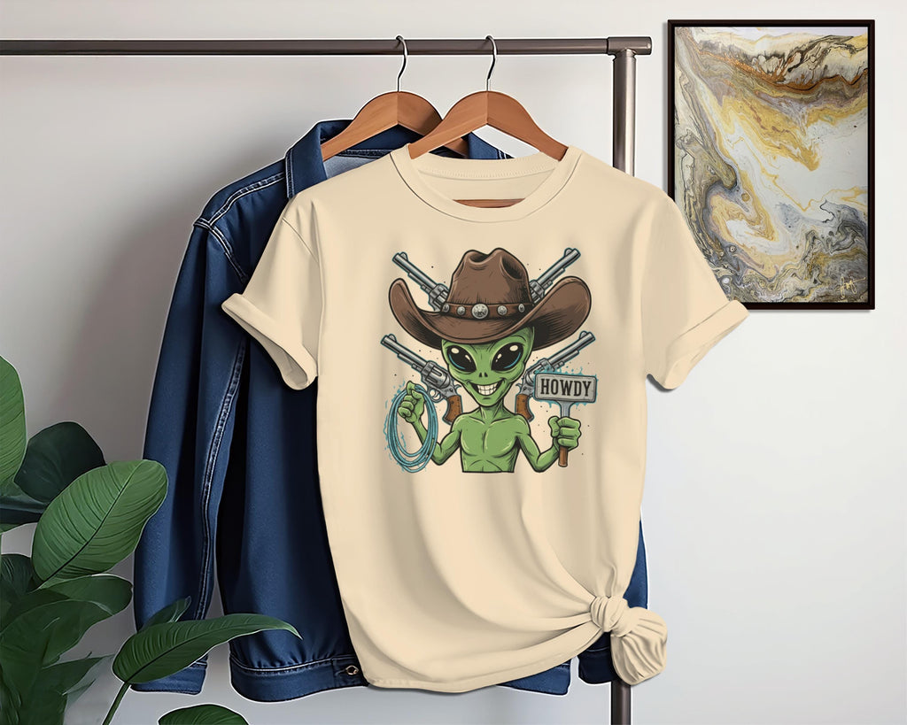 Funny Alien Cowboy T-Shirt, Cute Extraterrestrial Graphic Tee, Howdy Alien Western Shirt, Unique Sci-Fi Novelty Gift