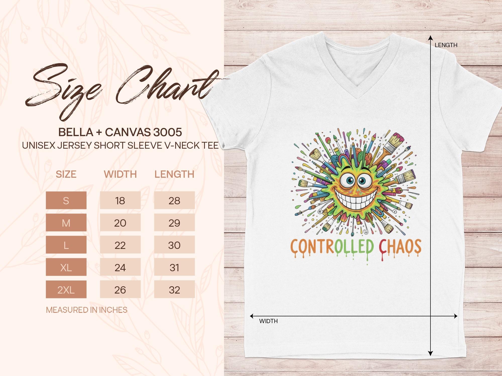 Controlled Chaos T-Shirt, Colorful Smiley Face Tee, Fun Graphic Unisex Top, Vibrant Art Shirt, Casual Wear, Unique Gift Idea, Size Chart
