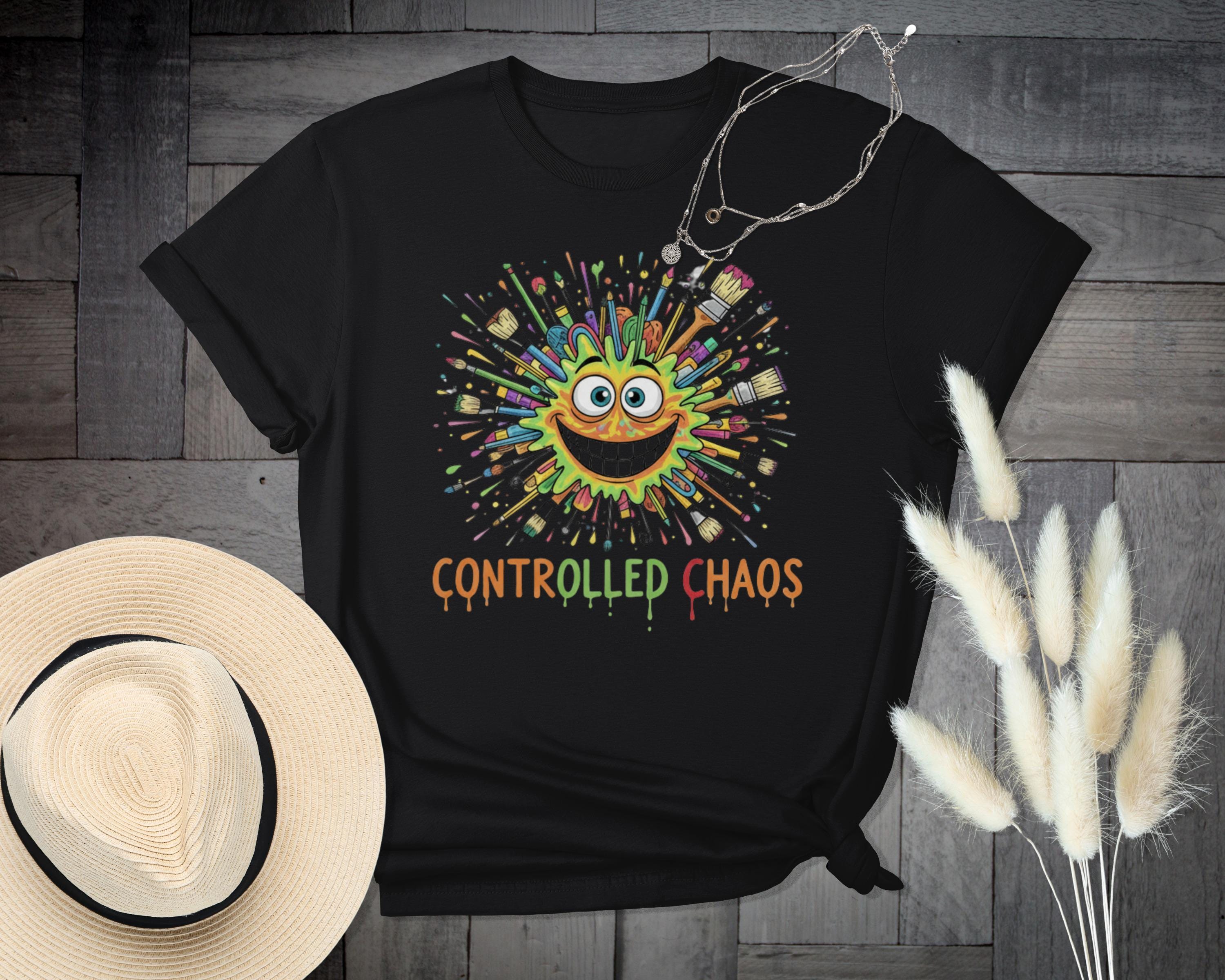 Colorful funny chaos graphic tee, artistic splatter t-shirt, casual cool design, controlled chaos print shirt, fun unique gift