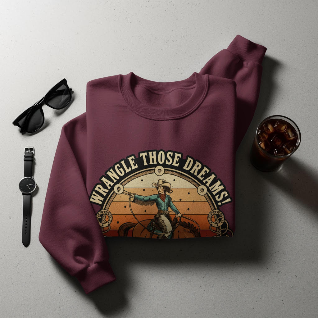 Western Cowboy Sweatshirt, Wrangle Those Dreams Graphic Crewneck, Retro Country Cowboys Shirt, American Rodeo Western Apparel