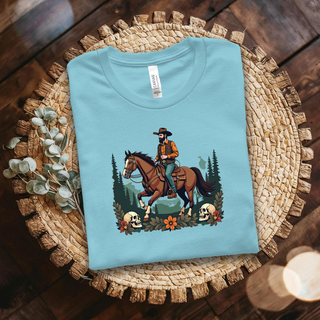 Cowboy riding horse graphic tshirt, western theme clothing, cool cowboy tee, nature scenery, unique skull tshirt, adventure shirt