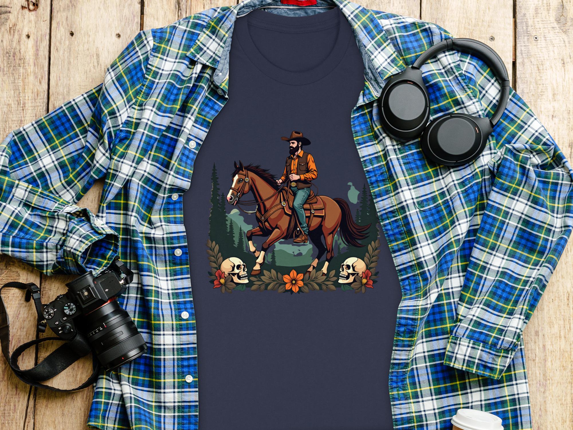 Cowboy riding horse graphic tee, Western themed shirt, Vintage style cowboy shirt, Unique cowboy graphic t-shirt, Adventure lover's top