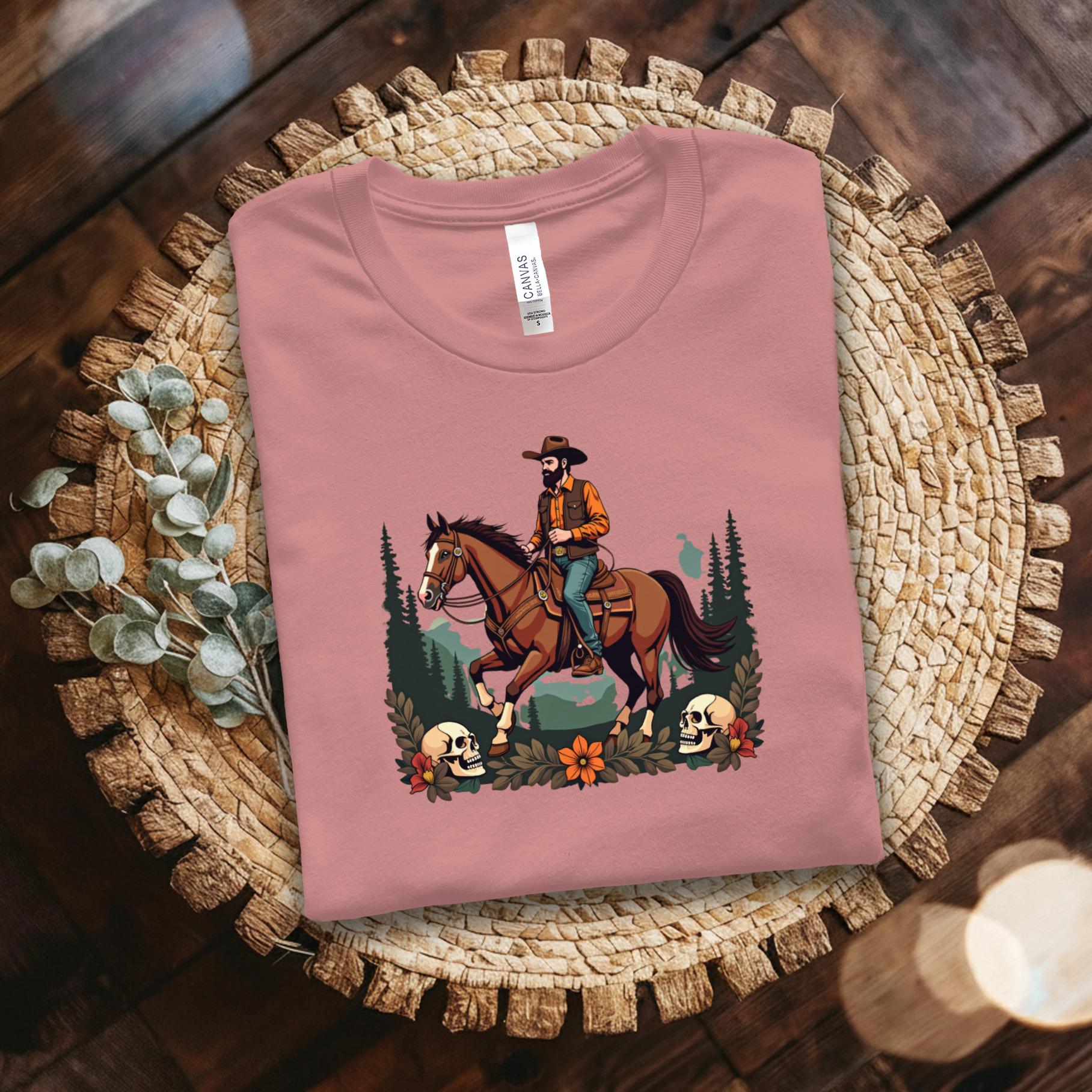 Cowboy Riding Horse Graphic Tee, Wild West Cowboy T-Shirt, Country Style Horseback Rider Shirt, Western Ride Outfit, Equestrian Tshirt