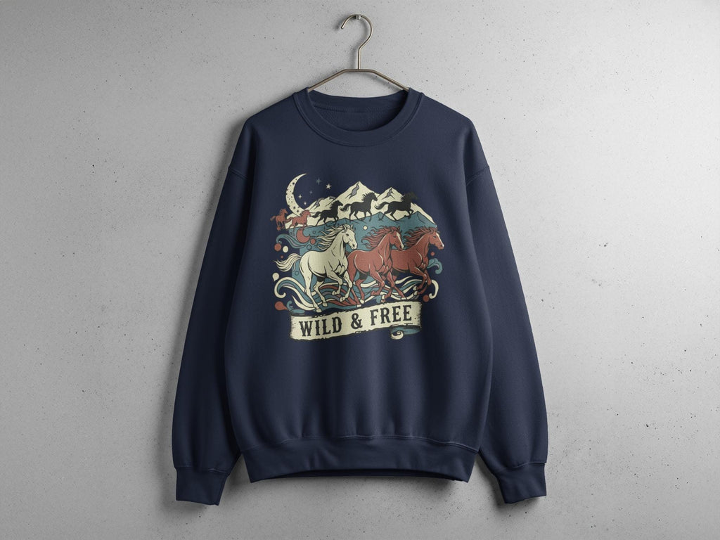 Wild and Free Horse Sweatshirt, Vintage Style Equestrian Pullover, Cozy Winter Wear, Retro Horse Lover Gift, Unique Horse Themed Apparel