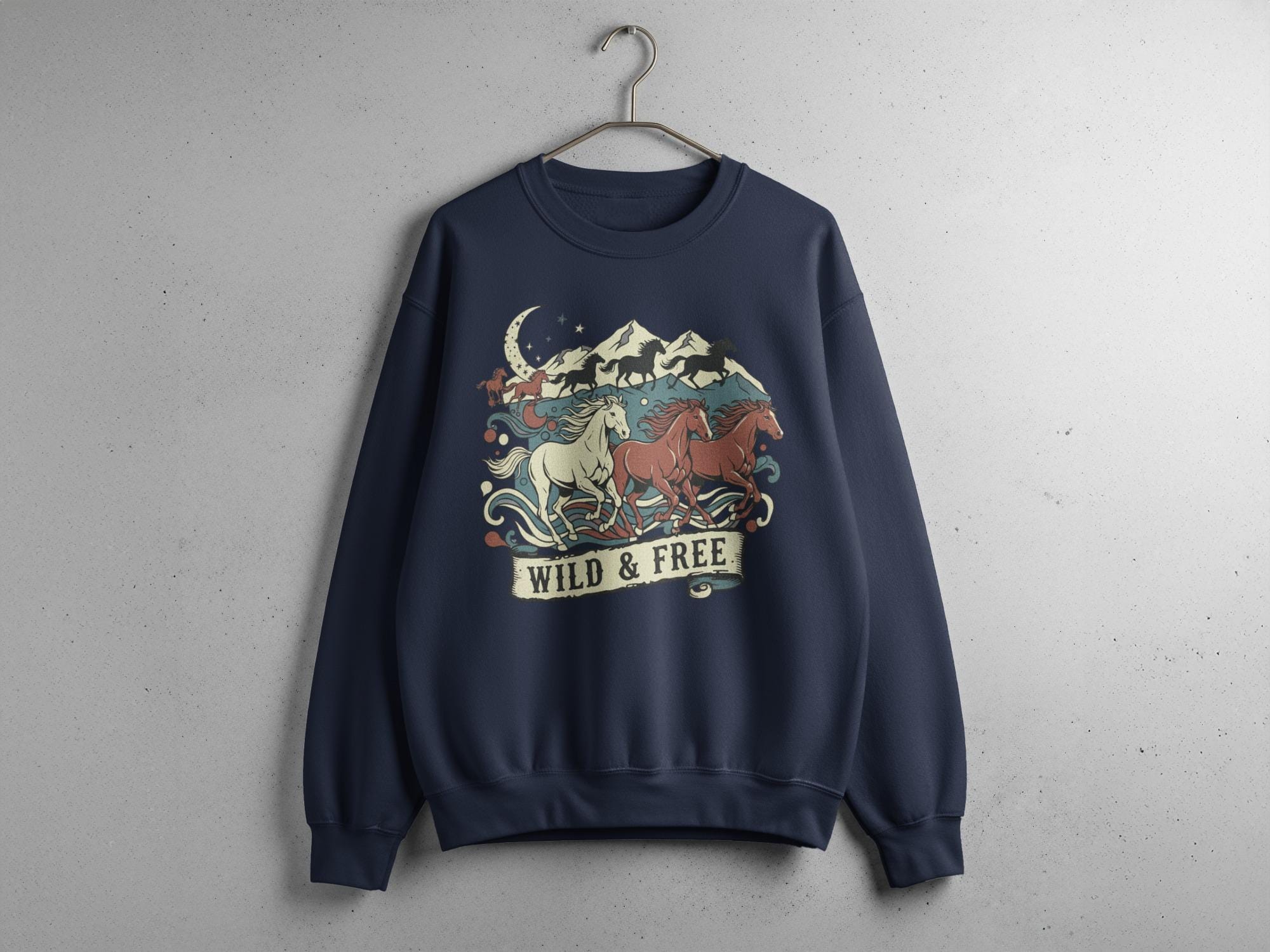 Wild and Free Horse Sweatshirt, Vintage Style Equestrian Pullover, Cozy Winter Wear, Retro Horse Lover Gift, Unique Horse Themed Apparel