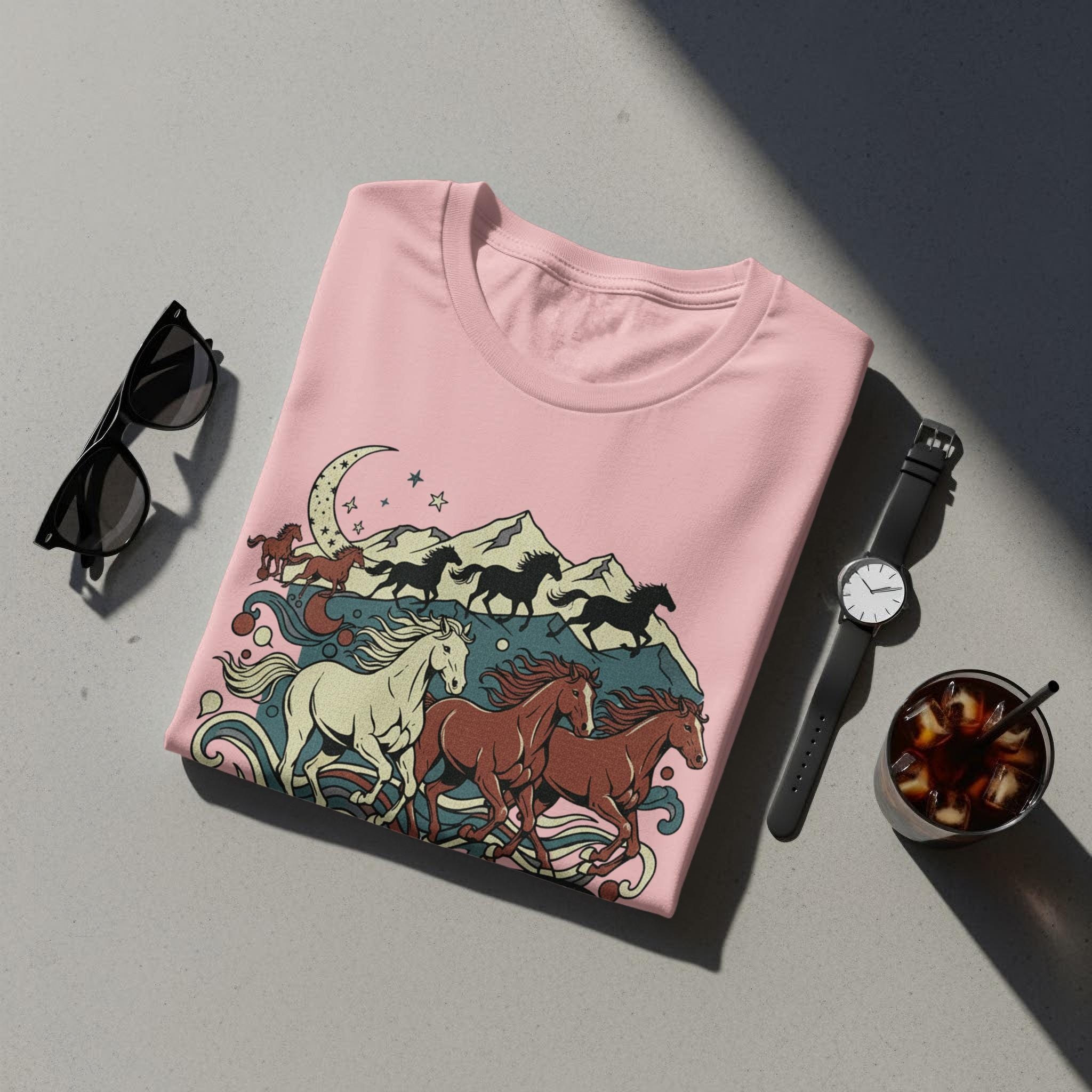 Horse Graphic T-Shirt, Running Horses and Mountains Tee, Moon and Stars Design, Nature Inspired Shirt, Casual Wear, Gift for Horse Lovers