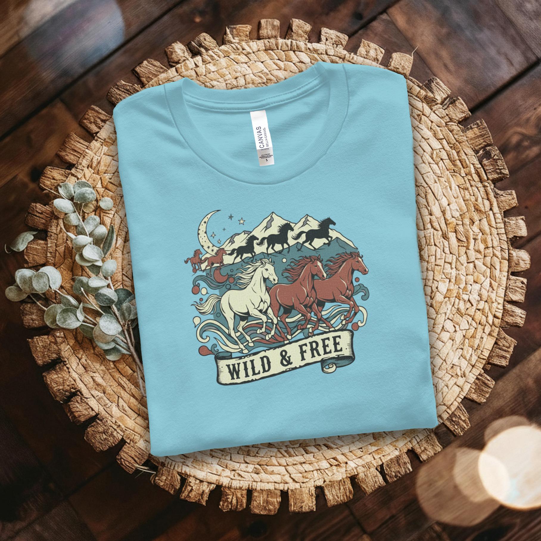 Wild and Free Horse T-shirt, Mountain Scene Tee, Retro Western Graphic, Adventure Lover Shirt, Cute Casual Outfit, Gift for Her