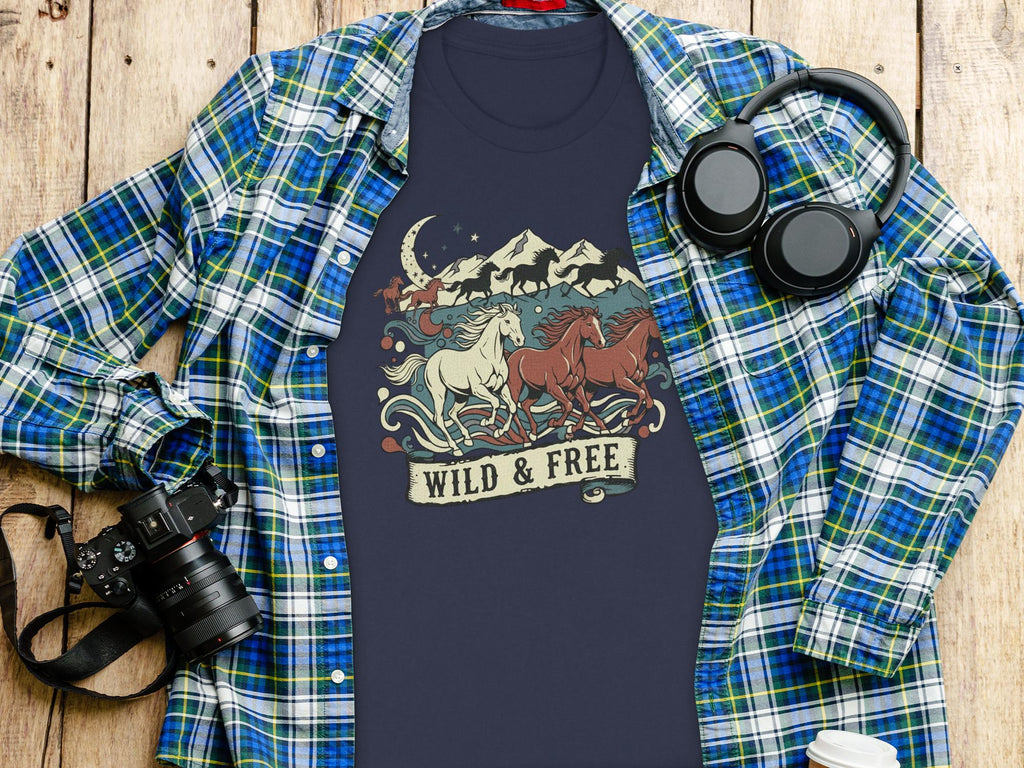 Wild and Free Horse Graphic Tee, Retro Western Shirt, Vintage Mountain Horses Print, Casual Boho Outfit, Nature Lover Gift