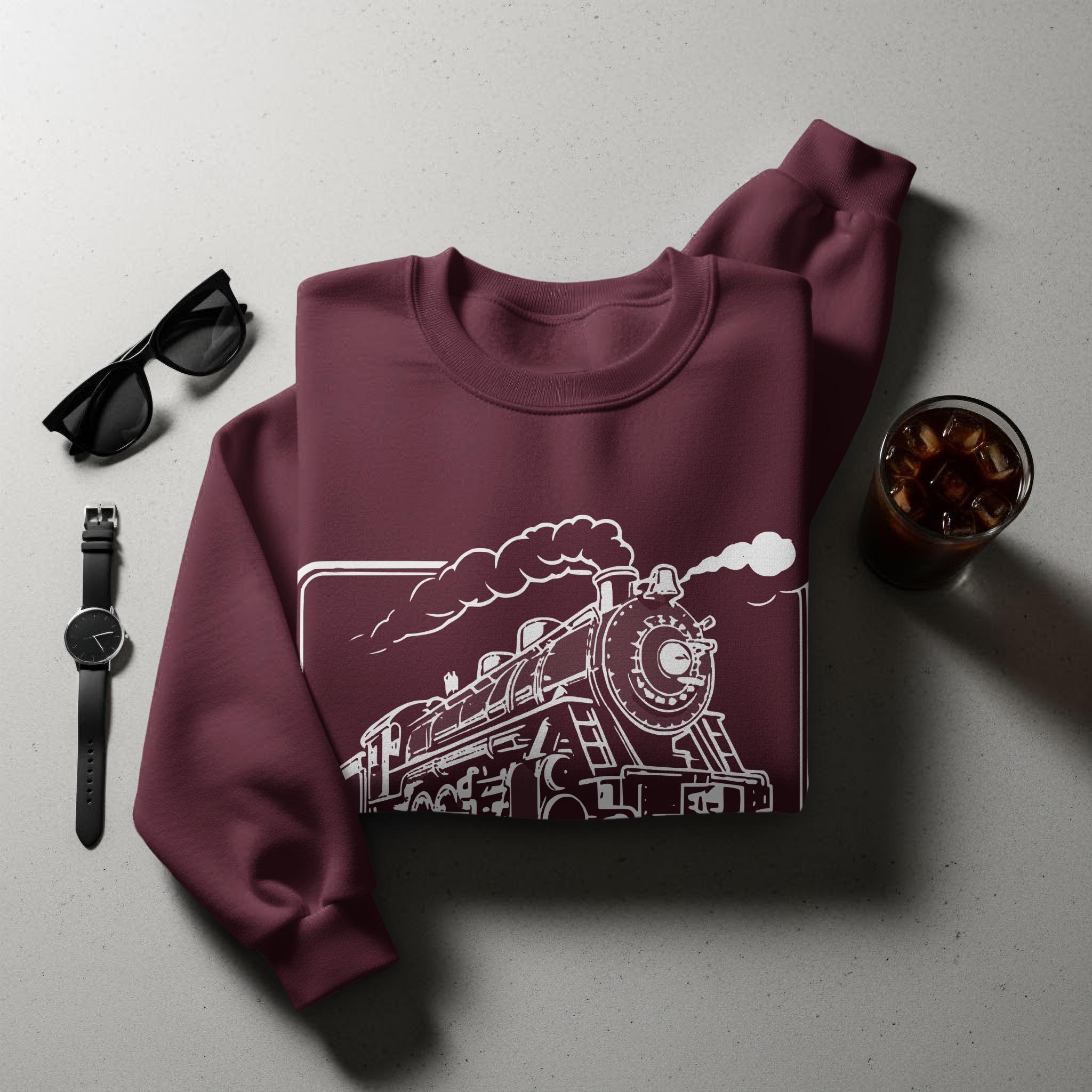 Vintage Train Sweatshirt, Retro Locomotive Graphic Pullover, Classic Railroad Engine Crewneck, Unique Train Lover Gift, Cozy Casual Wear
