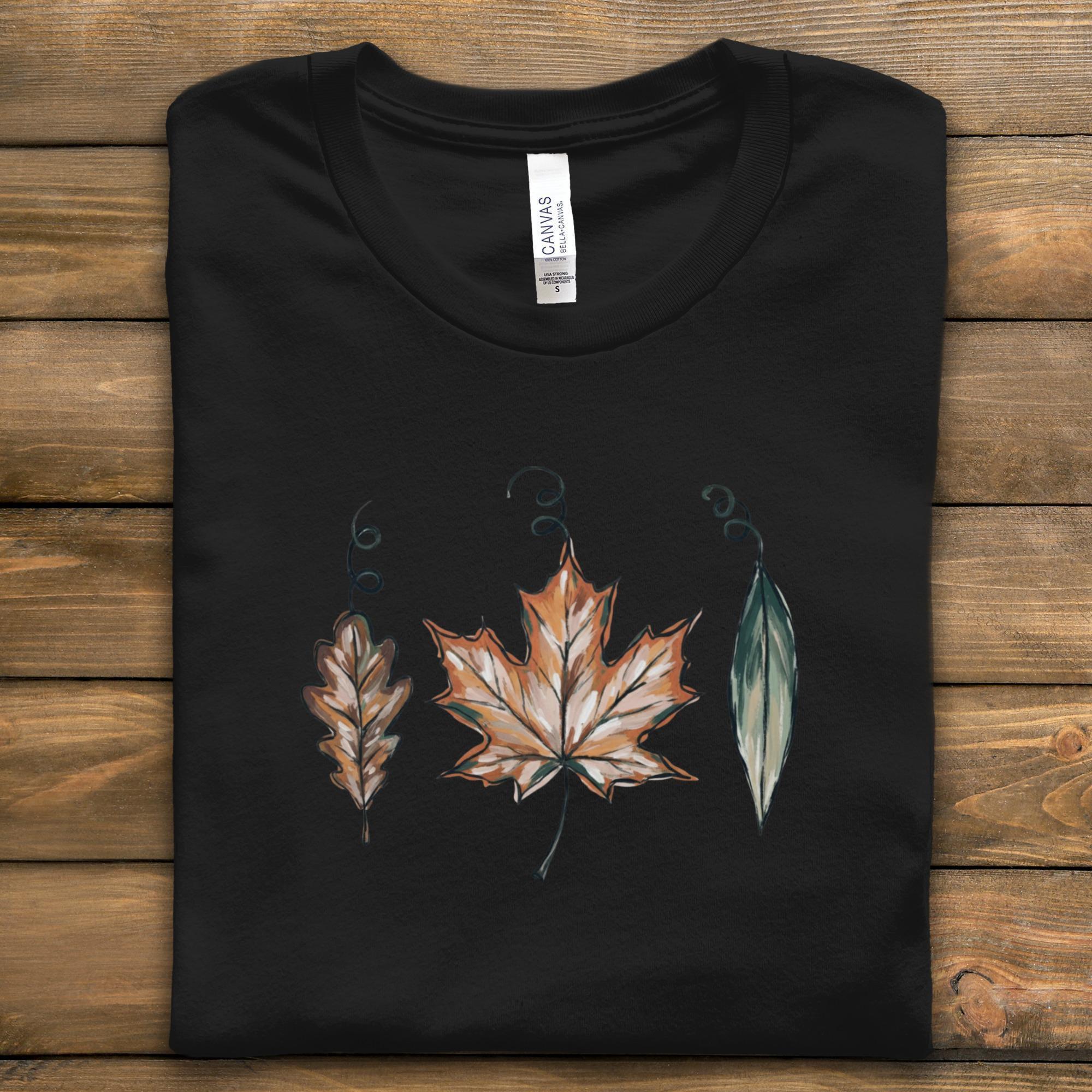 Autumn Leaf Trio Design Shirt, Fall Leaf Print Tee, Season Changing Graphic T-Shirt, Casual Leaf Art Top for Nature Lovers
