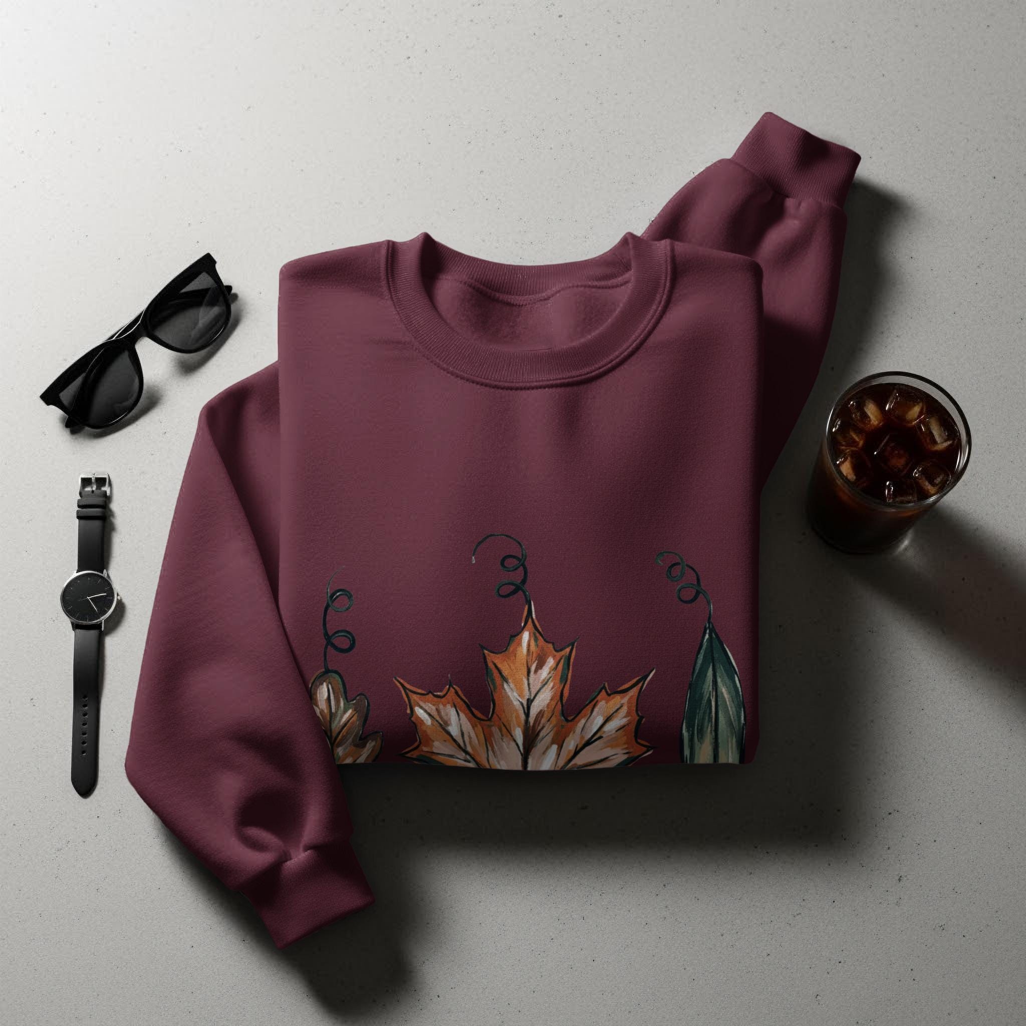 Autumn leaves design sweatshirt, cozy fall clothing, burgundy sweater with leaf print, casual autumn outfit, perfect for fall weather