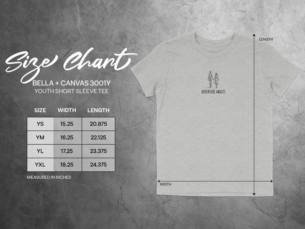 Adventure Awaits Youth Short Sleeve Tee, Bella Canvas 3001Y, Soft Comfortable Kid's T-Shirt, Trendy Children's Clothing