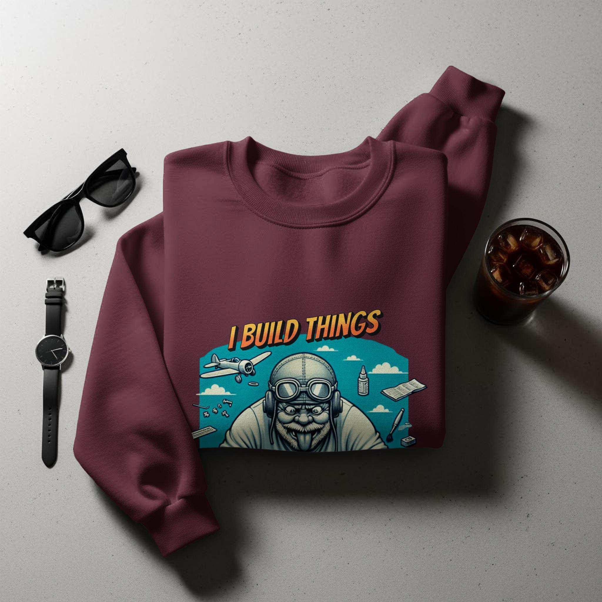 I Build Things Sweatshirt, Retro Aviator Print, Gift for Builders, Unique Graphic Pullover, Fun Hoodie for Handymen