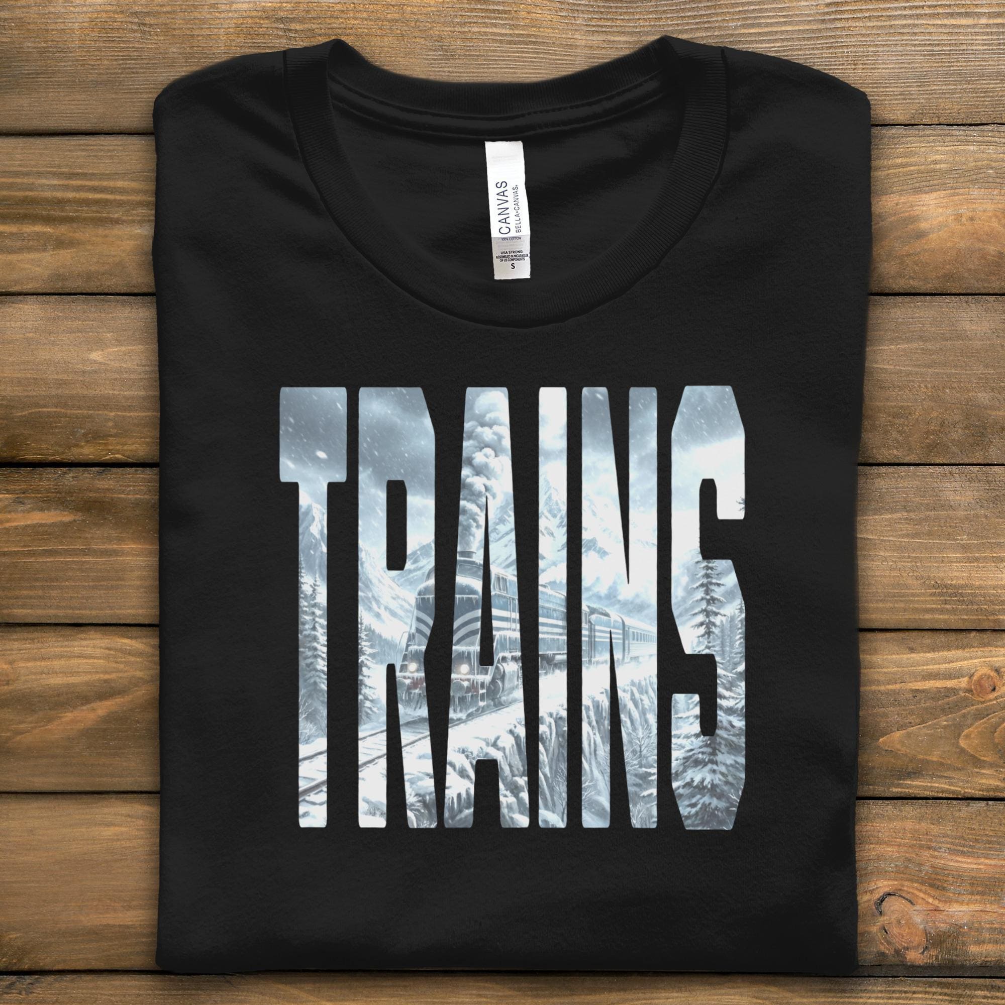 Train Shirt, Train Lover Gift, Train Enthusiast Tee, Winter Train Scene, Black Train T-Shirt, Christmas Train Gift
