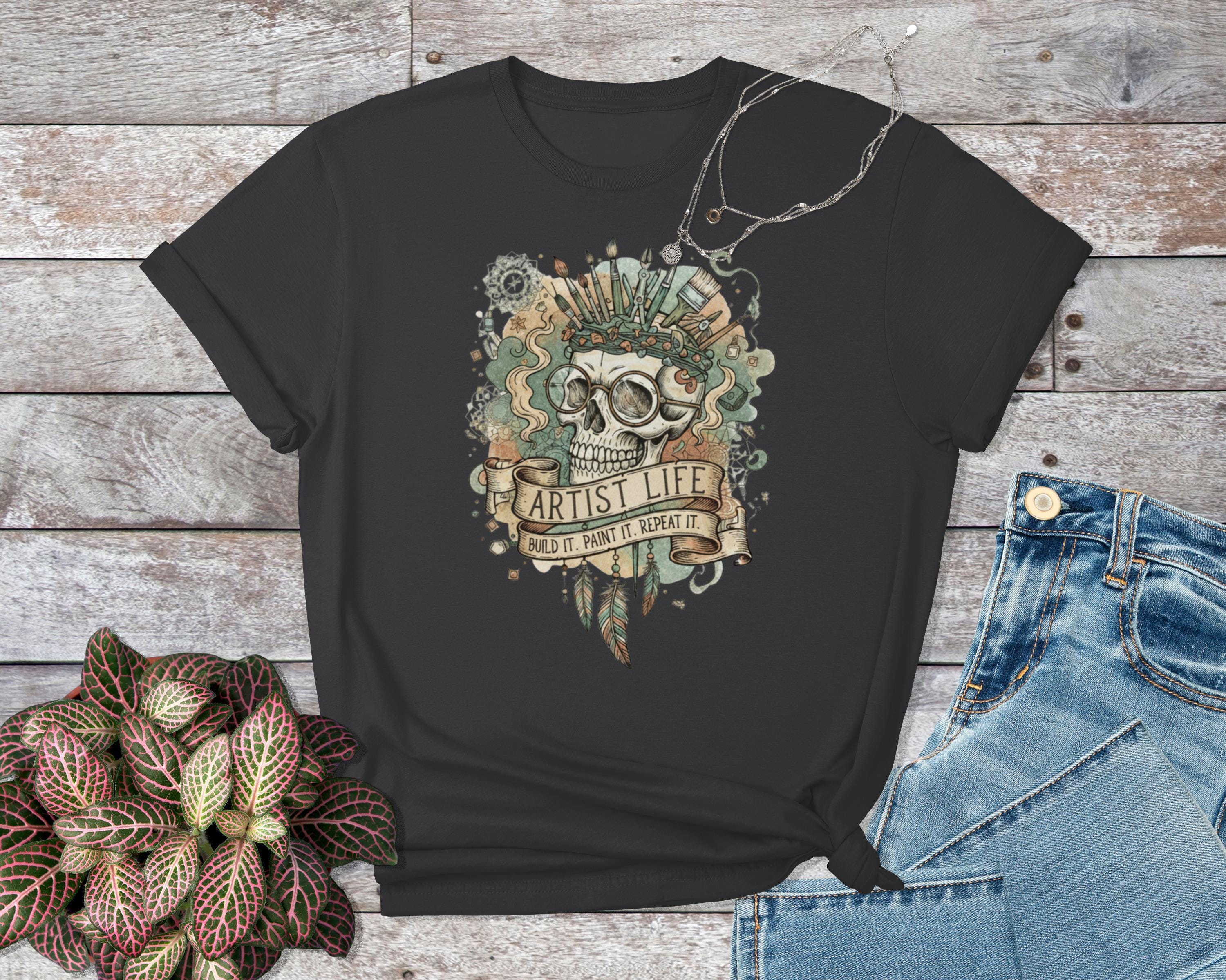 Artist Life Skull T-Shirt, Creative Artistic Wear, Unique Graphic Tee, Vintage Style Shirt, Perfect Gift for Artists