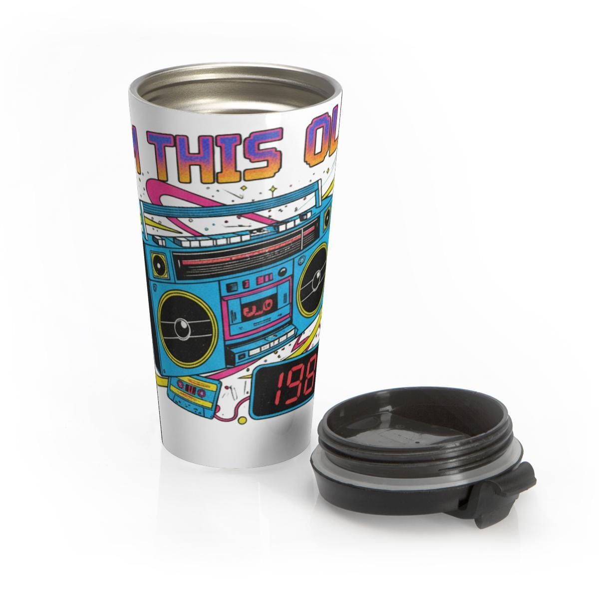 Retro Boombox Travel Mug, 80s Music Lover Gift, Vintage Radio Coffee Tumbler, Cool Drinkware for Nostalgic Fans, Unique Tumbler