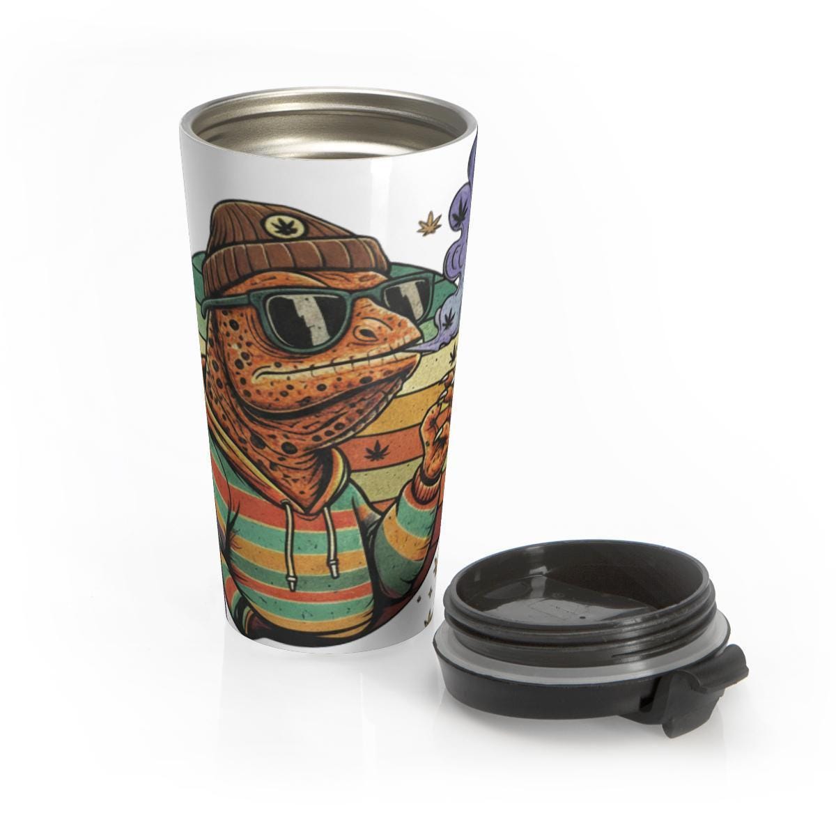 Funny Frog Travel Mug, Quirky Toad Artwork Tumbler, Cool Amphibian Design Cup, Unique Coffee Thermos, Hipster Frog Gift