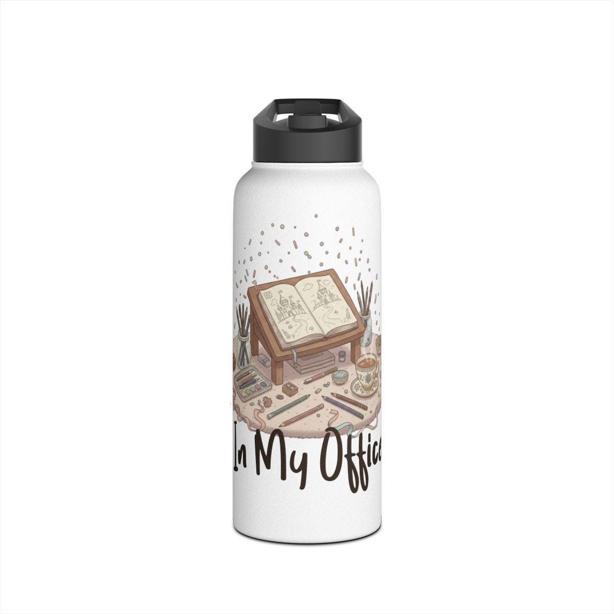 Cute Desk Scene Art Water Bottle, Unique Office Accessory, Illustrated Hydration Companion, Perfect Gift for Artists and Writers