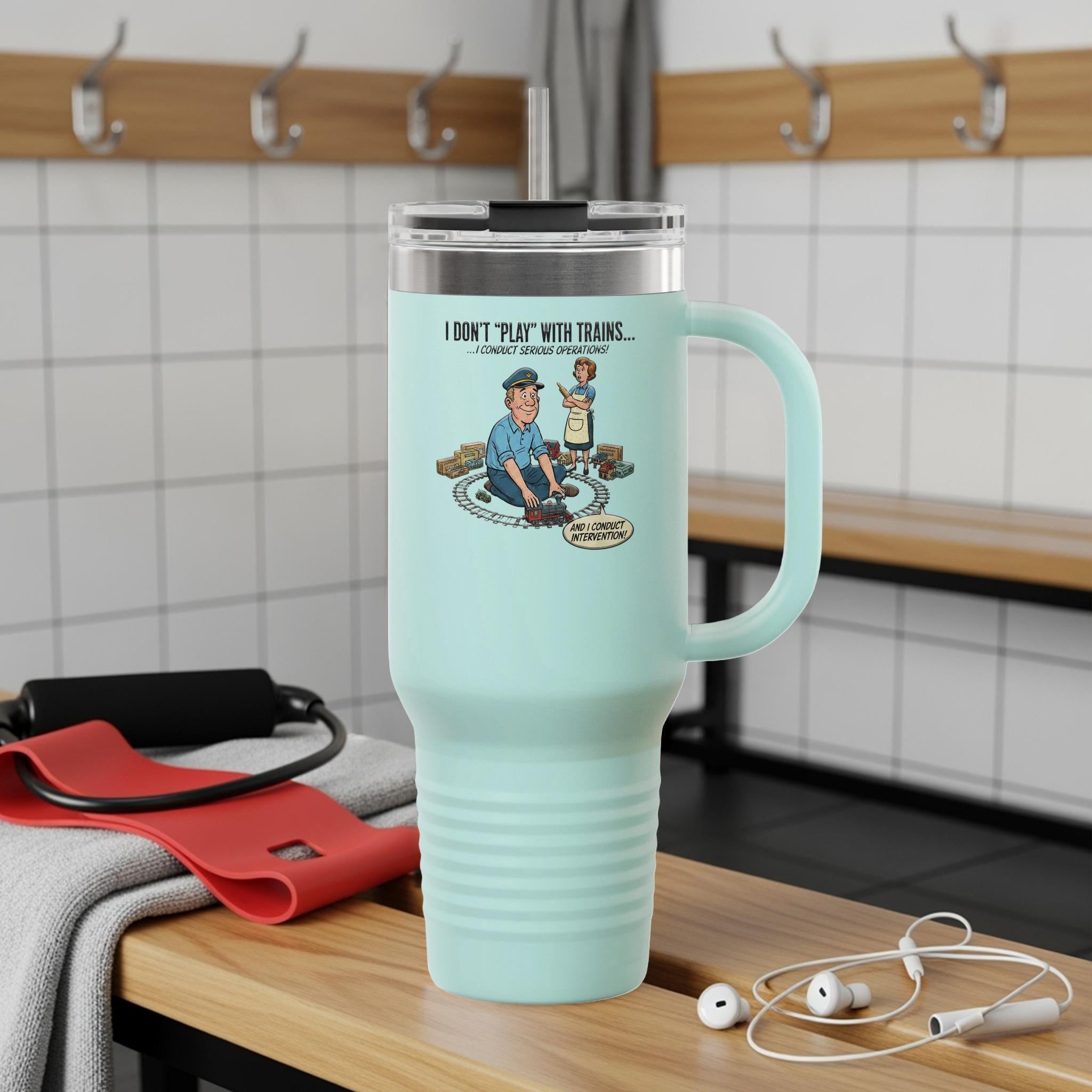 Funny Travel Mug with Handle, I Don't Play With Trains Print, Large Capacity, Perfect Gift for Train Enthusiasts, Office Use