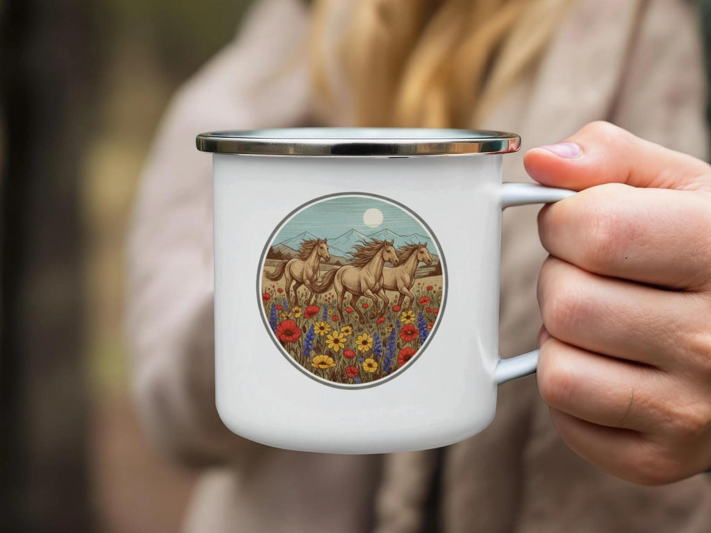 Horse print enamel mug, nature themed camp cup, outdoor coffee mug, colorful horse design, wild horse artwork mug, gift for horse lovers