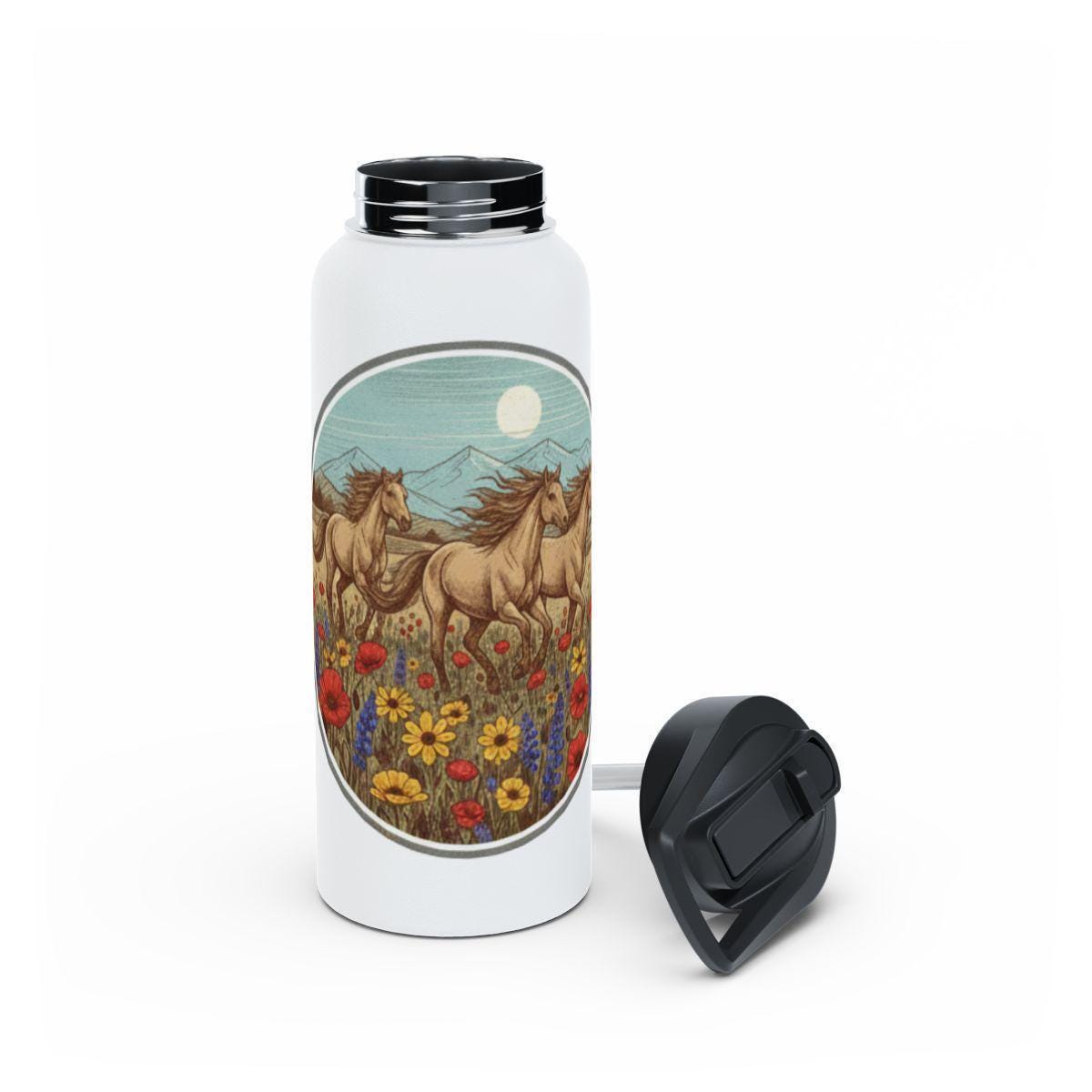 Horse Water Bottle, Running Horses in Wildflower Field Water Bottle, Reusable Sports Bottle with Wild Horse Art, Nature Lover Gift