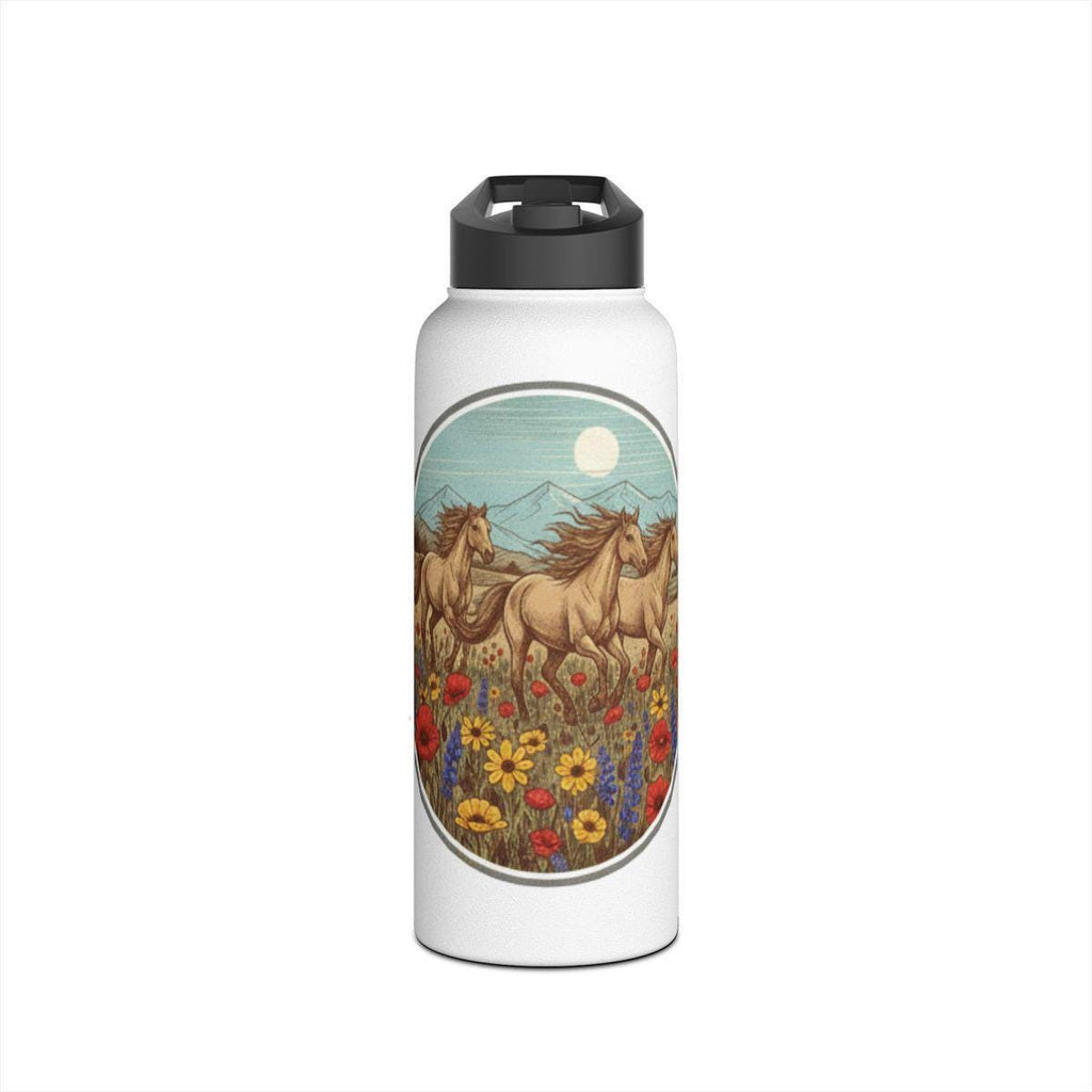 Running Horses in Field, Floral Wildflowers, Mountain Background, Sun and Horses, Nature Inspired Design, Water Bottle