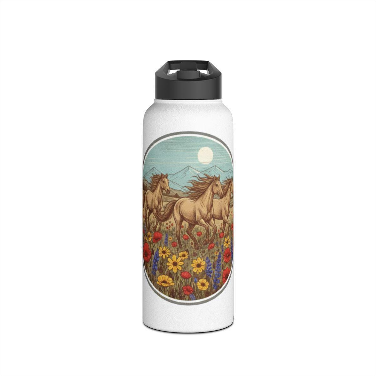 Running Horses in Field, Floral Wildflowers, Mountain Background, Sun and Horses, Nature Inspired Design, Water Bottle