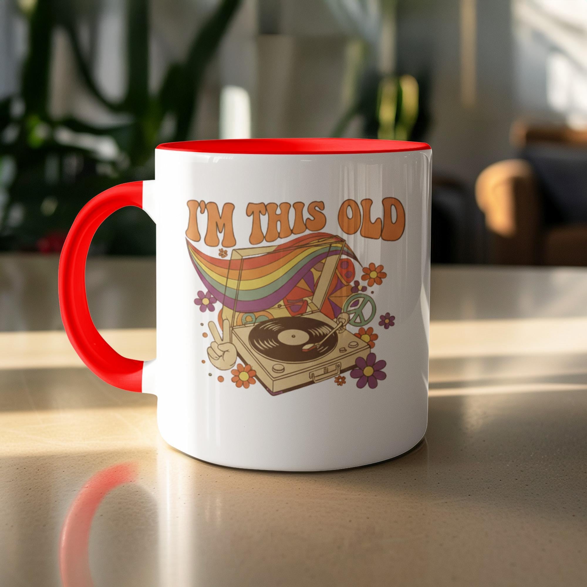 Vintage I'm This Old Mug, Retro Record Player, Colorful Coffee Cup, 70s Music Nostalgia Gift, Boho Hippie, Groovy Home Decor